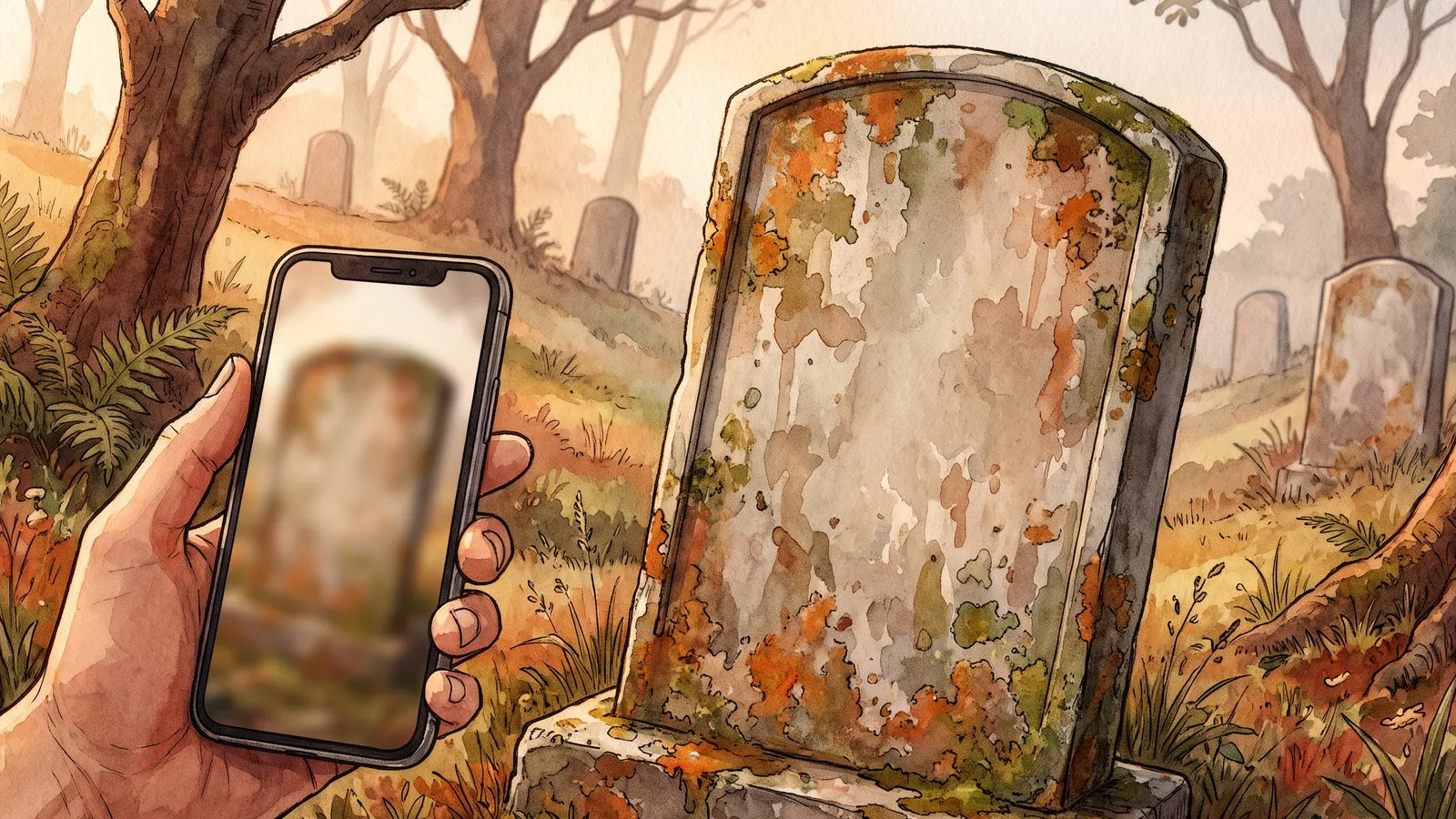 A hand holding up a phone to photograph a weathered gravestone in a tropical burial ground, its face worn away to bare lichen-stained stone with no inscription left to read.