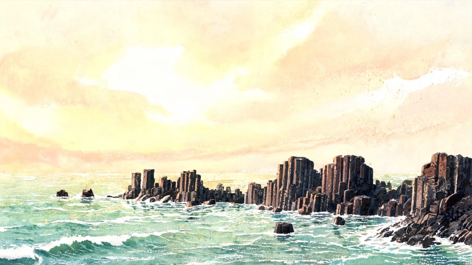 Columnar basalt stacks standing in a jade-green sea under a pale gold dawn, waves breaking white at their base — the volcanic rock the Leizhou Peninsula is built on.