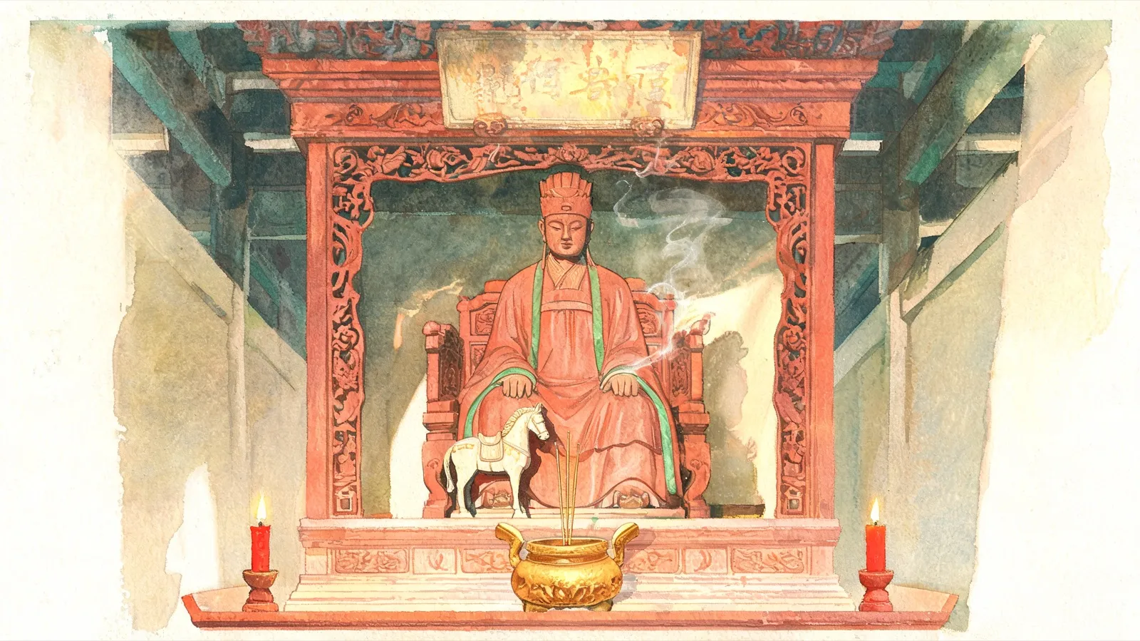 A carved and painted deity figure seated in a red lacquered shrine niche, robed and crowned, with a small white horse carving standing at his feet; a brass censer, three sticks of incense and two red candles on the altar before him.