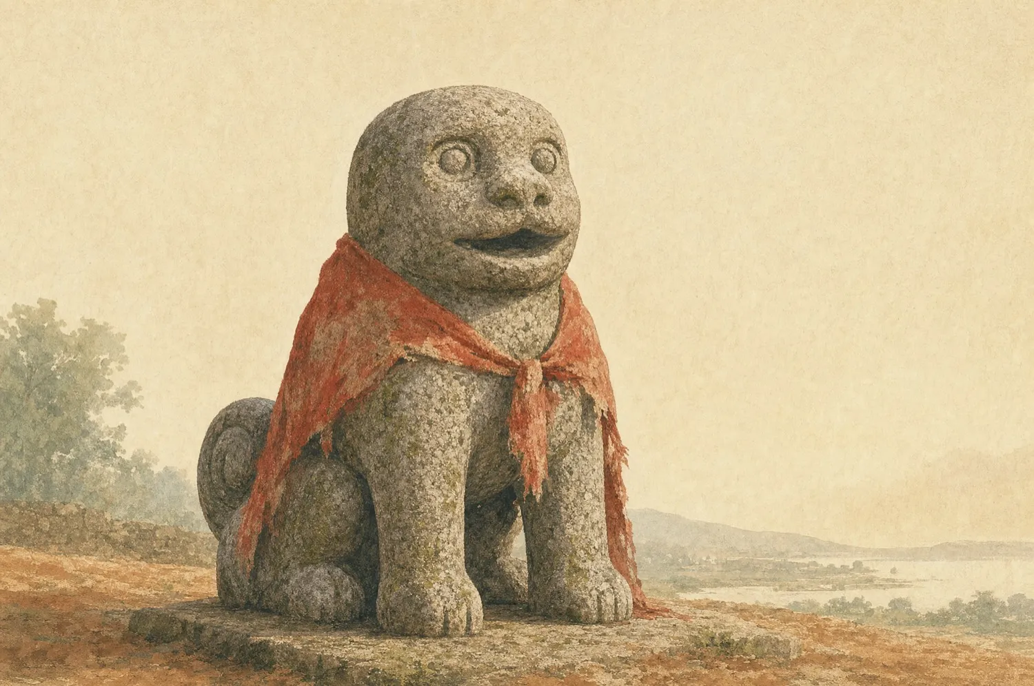 An illustration of a single weathered Leizhou stone dog (石狗) — a squat, primitive granite folk totem draped in faded red cloth — keeping watch on terracotta earth, the jade strait and distant hills behind it.