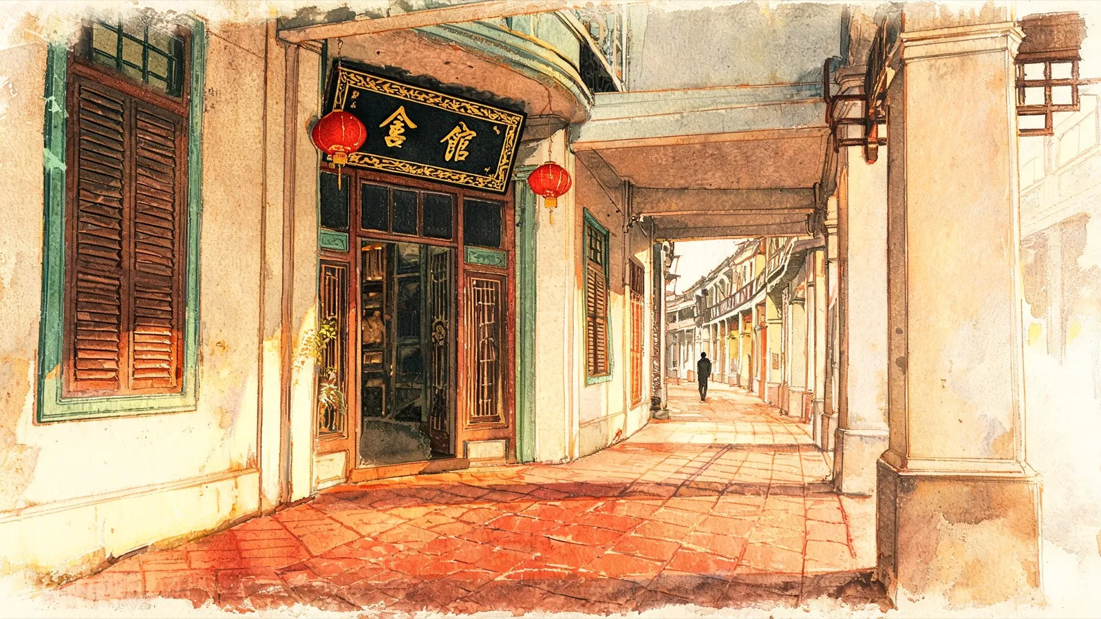 Watercolour illustration of a Melaka shophouse five-foot-way at golden hour: a clan-house doorway under a black-and-gold Chinese signboard reading huiguan (会馆), red lanterns, green-framed shutters and worn terracotta floor tiles, with a lone figure walking in the distance.
