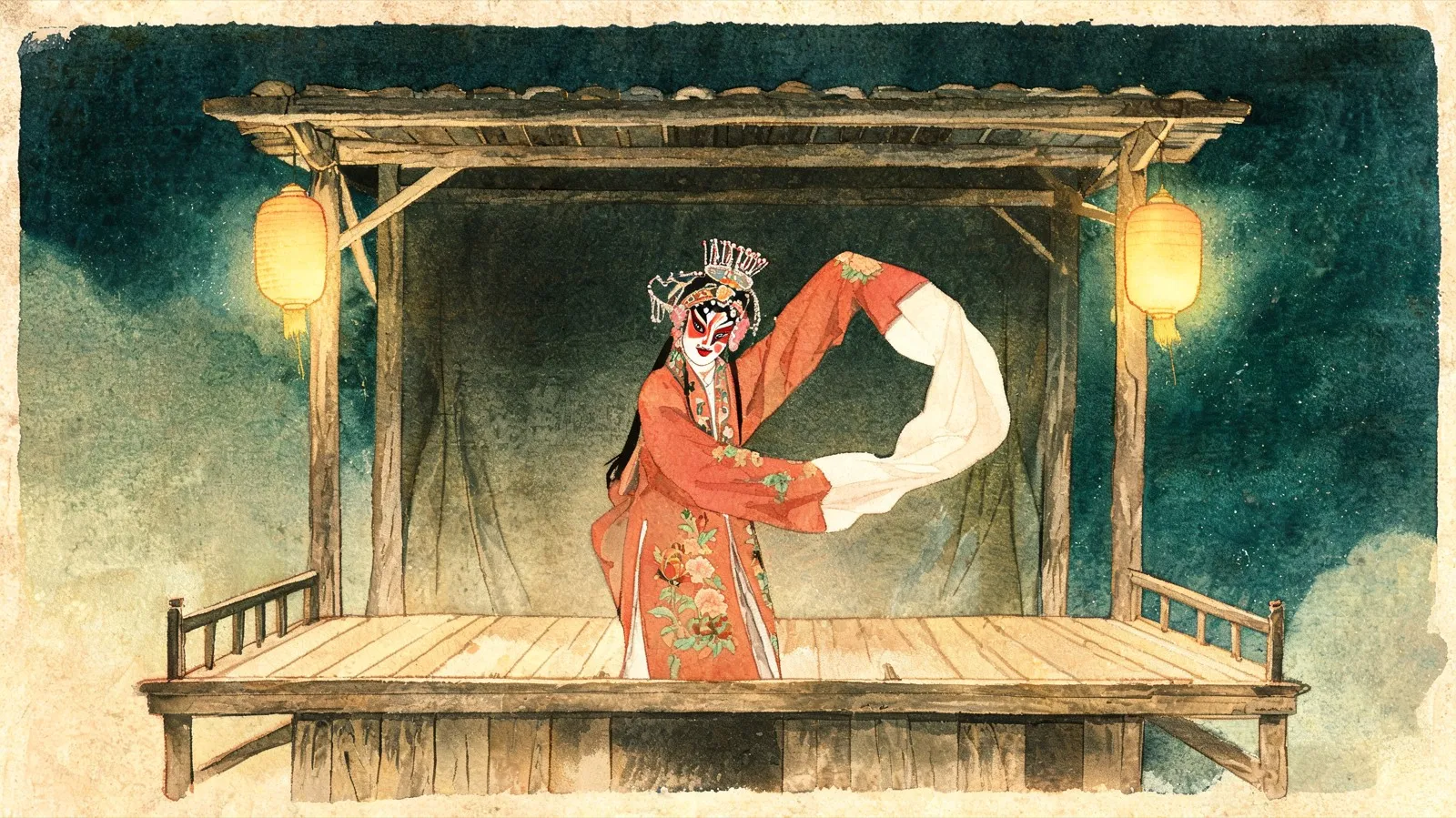 Watercolour illustration evoking southern Chinese folk opera: a costumed performer with painted face and tall headdress sweeps a long white water-sleeve on a simple wooden village stage at night, warm lanterns glowing against a deep jade sky.