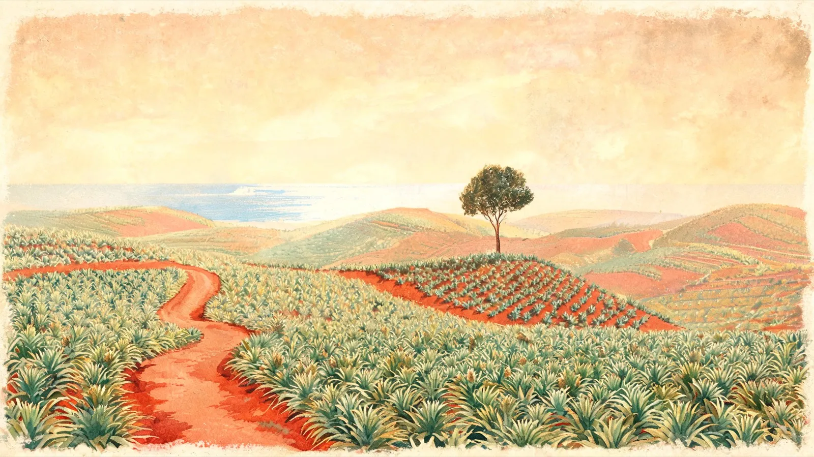 Watercolour illustration of the Xuwen pineapple sea at golden hour: rows of pineapple plants over rolling red laterite hills, a red-earth road curving through the fields, a lone windbreak tree, and a sliver of sea on the hazy horizon.