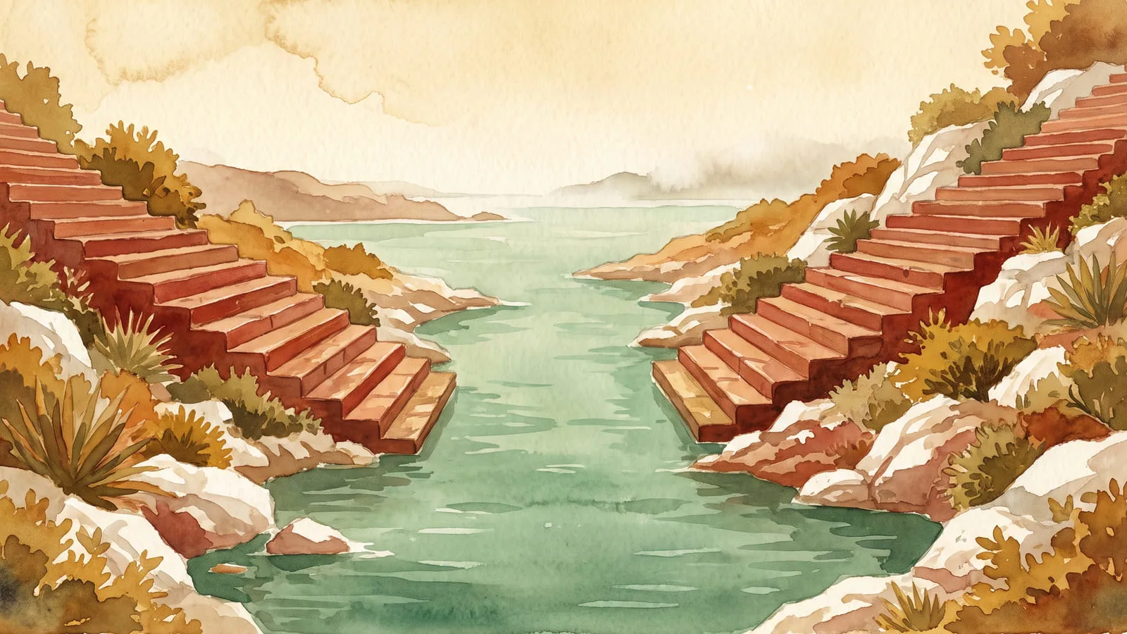 Two flights of red laterite steps climbing the facing shores of a narrow jade-green strait, one stair on each bank, painted in loose watercolour with no people and no boats.