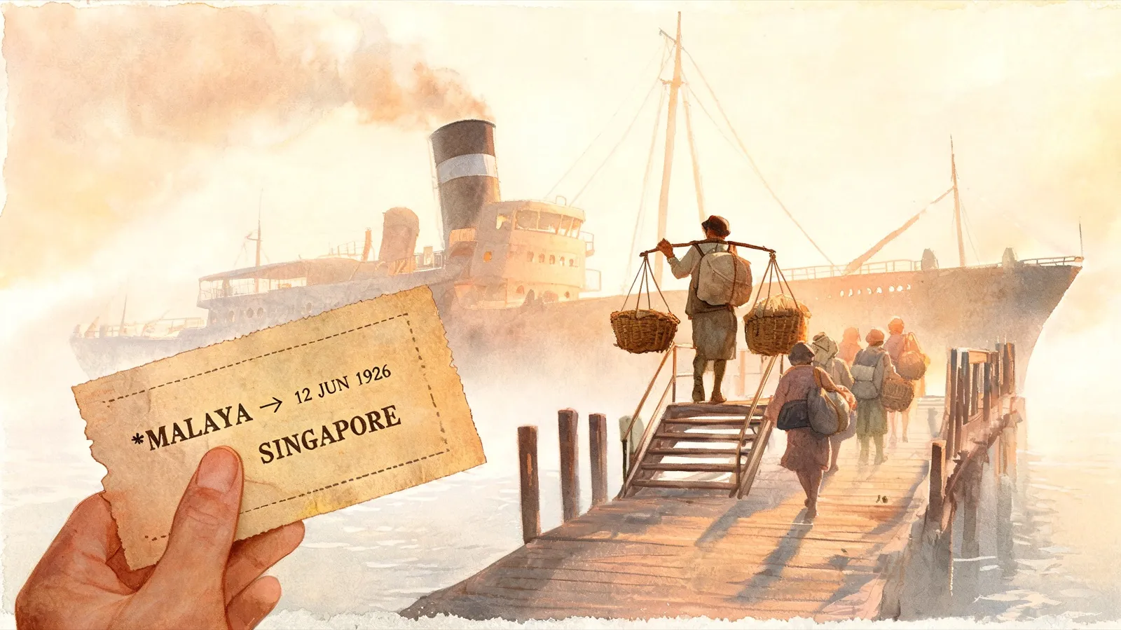 Dawn mist on a Nanyang wharf: passengers with shoulder poles and bundles file up a gangway to a waiting steamship, a printed passage ticket held in the foreground.