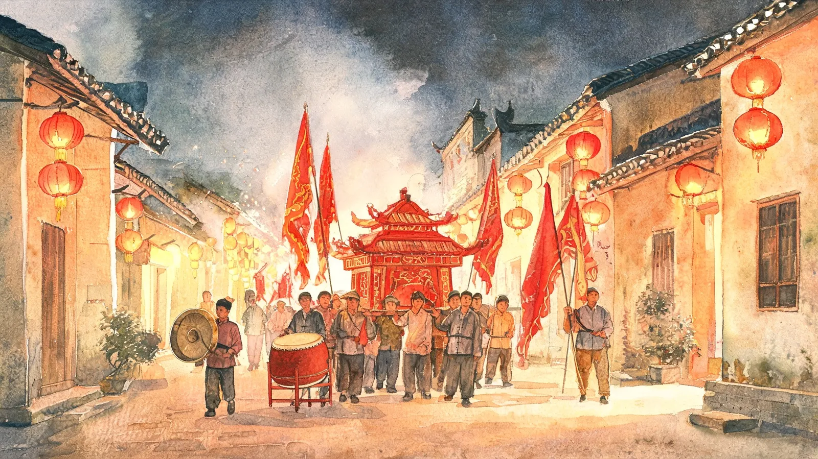 A night procession in a Leizhou village: a red god-palanquin carried shoulder-high down a lantern-lit lane, banners, gong and drum leading the way through firecracker smoke.