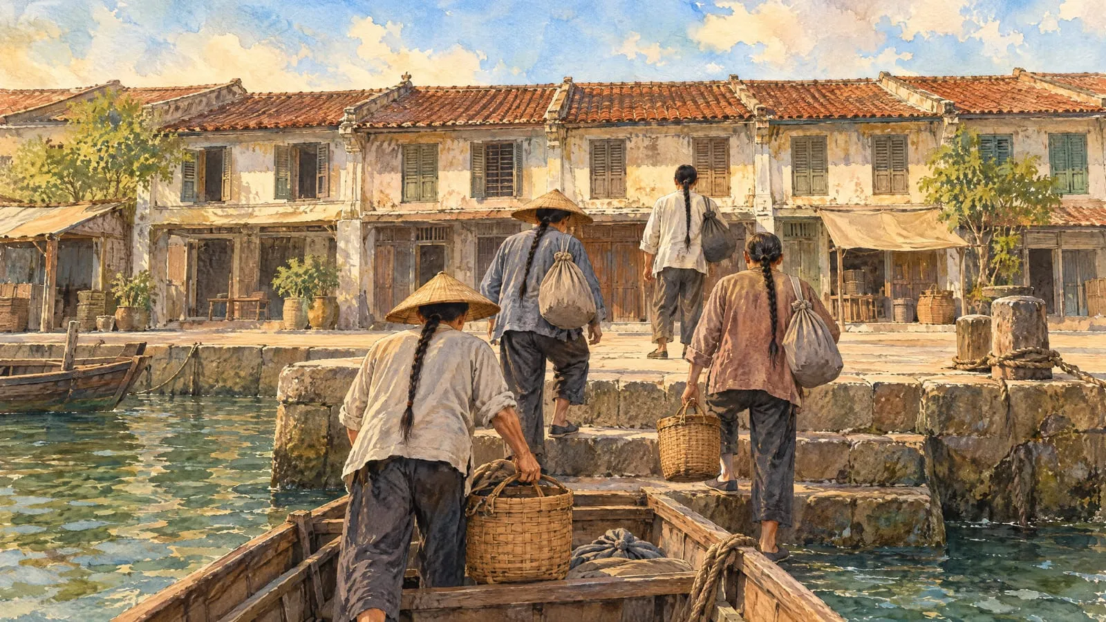 几名身穿朴素棉布衣裳的华南移民，背对着我们，从一条小船踏上石砌码头；码头后面是一排旧店屋，其中还没有一间是会馆。