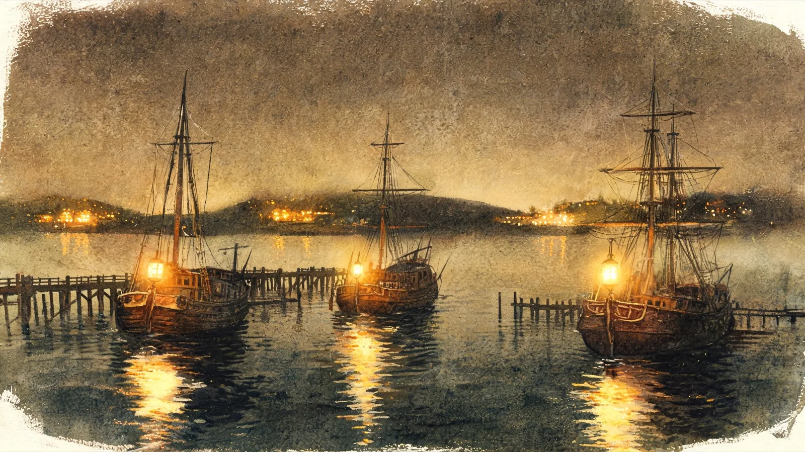 Three old sailing ships moored at a misty harbour at night, each with a single lantern at the bow, their light running long on the black water.