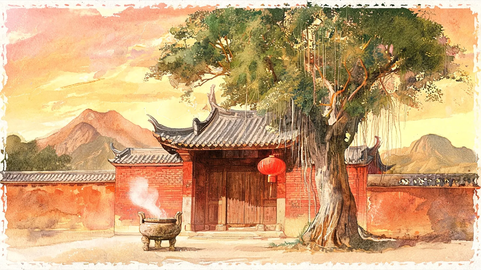 A village shrine gate on the Leizhou Peninsula at dusk: red brick walls, grey tiled eaves, an old banyan trailing aerial roots, and a stone censer breathing smoke.