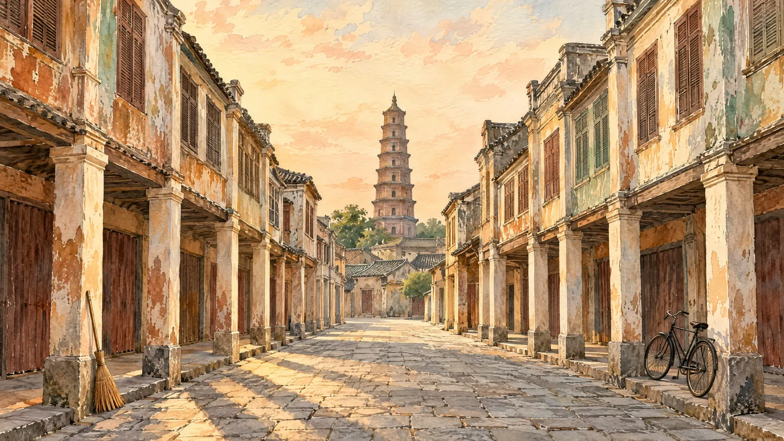 The old town of Leizhou in early morning: an arcade street of shophouses runs toward a tall brick pagoda that rises over the tiled roofs, with no one about yet.