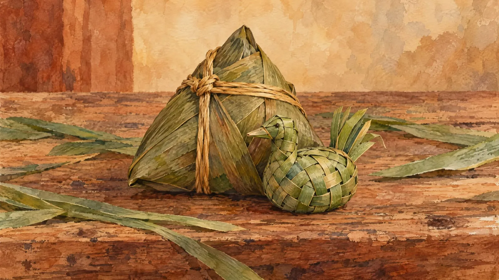 A big folded rice dumpling tied with straw rope, and a small duck woven from leaf strips sitting against it, on a worn wooden board strewn with cut leaves.
