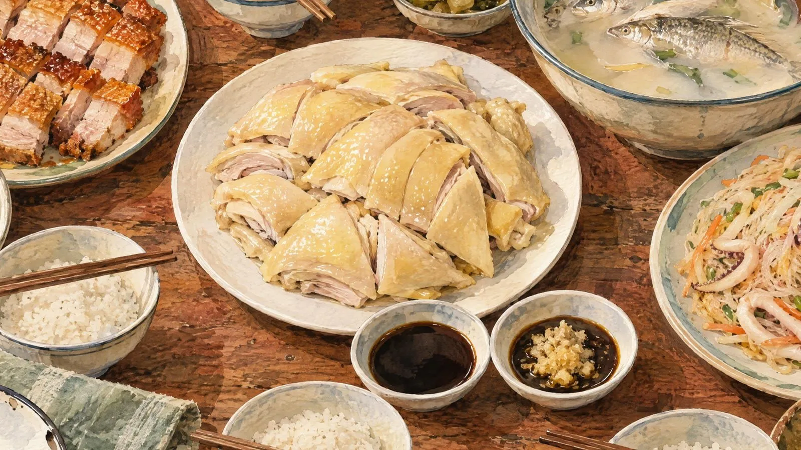 A family feast table seen from above: white-cut chicken at the centre with saucers of soy and sand ginger, roast pork, a bowl of milky fish soup and rice bowls around it.