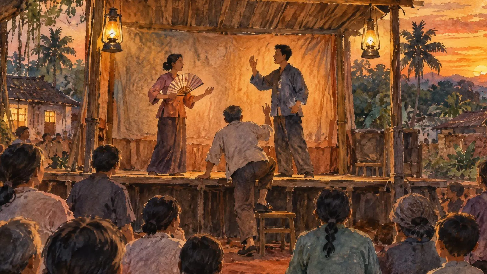 A woman sings from a low village stage at dusk with a fan in her hand, while a man answers beside her and a villager climbs up from the crowd to join in.