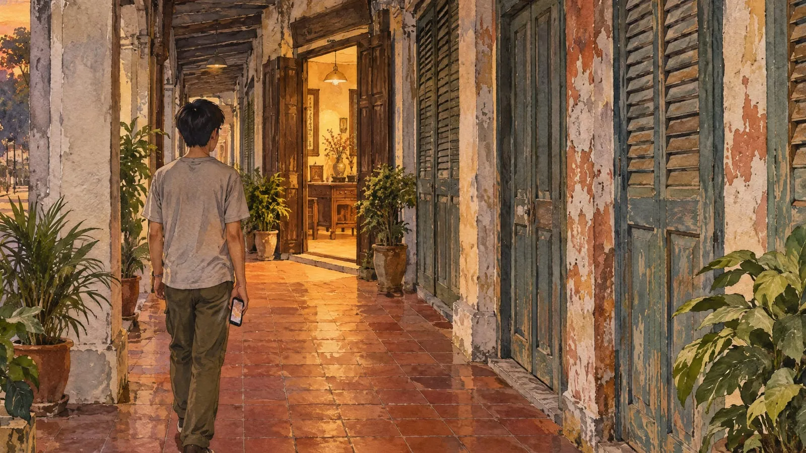 A young person on a quiet shophouse street at dusk, phone in hand, looking along the five-foot way toward the one clan-house doorway with a warm light on inside.