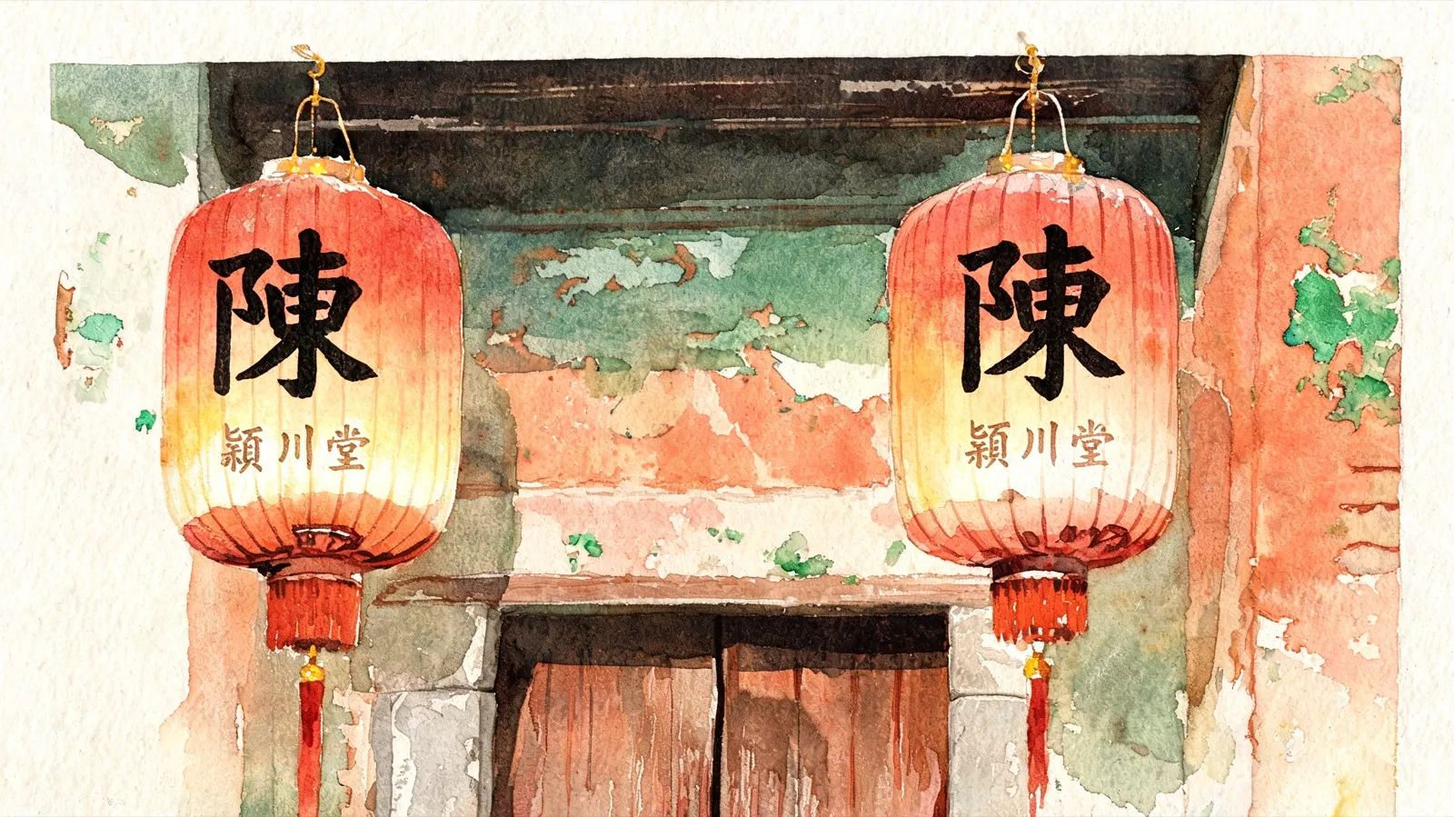 A pair of red clan lanterns hang under an old doorway, each brushed with the surname Chen above the ancestral-hall name Yingchuan, the plaster around them peeling to green and terracotta.