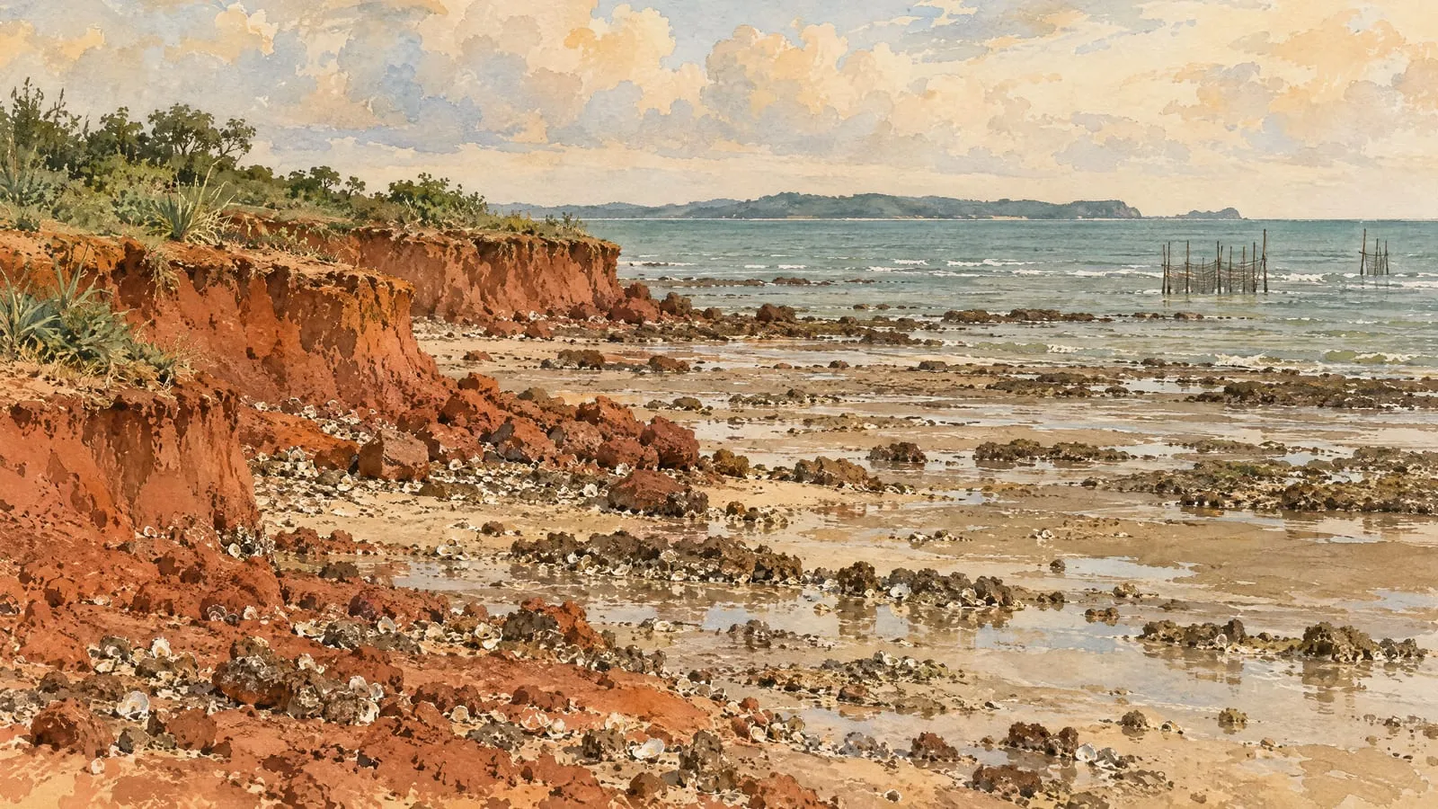 Red laterite earth crumbling onto a shell-strewn flat, with the grey-green strait running out behind it, painted in warm chronicle watercolour.