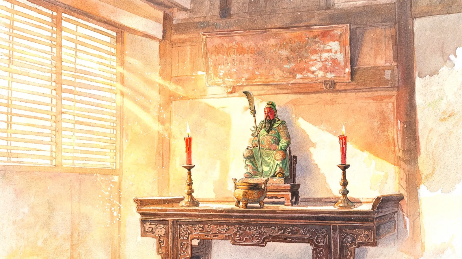 Morning light through louvred shutters falls across a clan-house altar: a robed Guandi figure, a bronze censer, and two red candles on a carved wooden table.