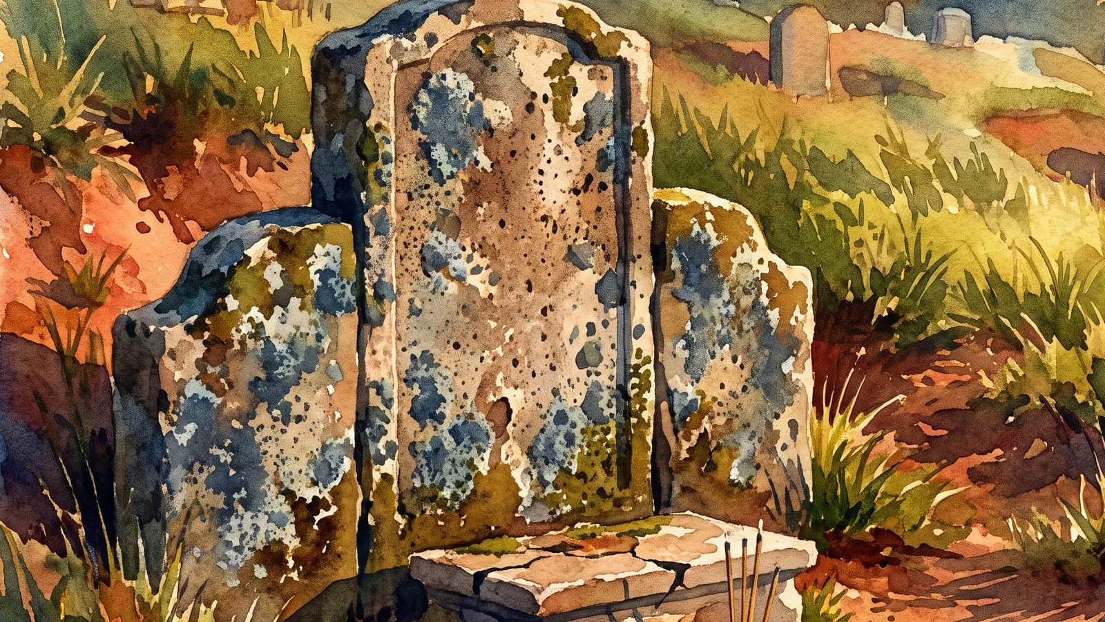 Early side-light raking across a weathered granite gravestone on a tropical hillside, a lower shoulder stone at each side, its face worn to bare lichen-patched rock with no inscription left to read.