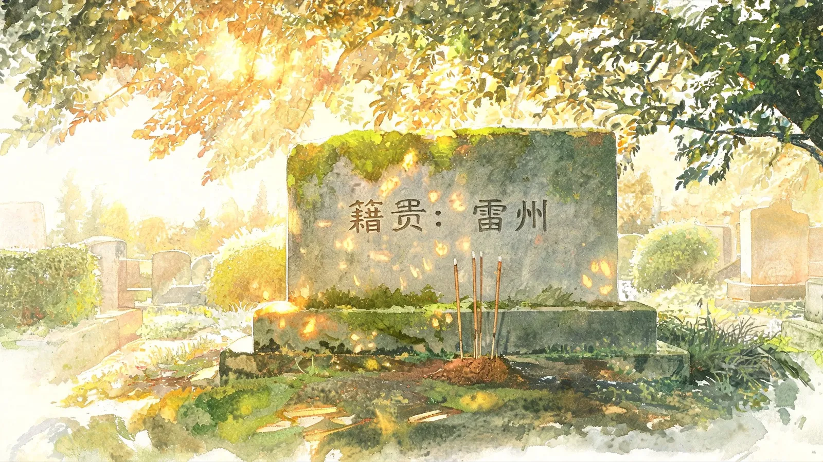 A moss-grown granite headstone in a Chinese cemetery, its inscription reading 籍贯：雷州 — ancestral place, Leizhou — with spent joss sticks in the earth before it.