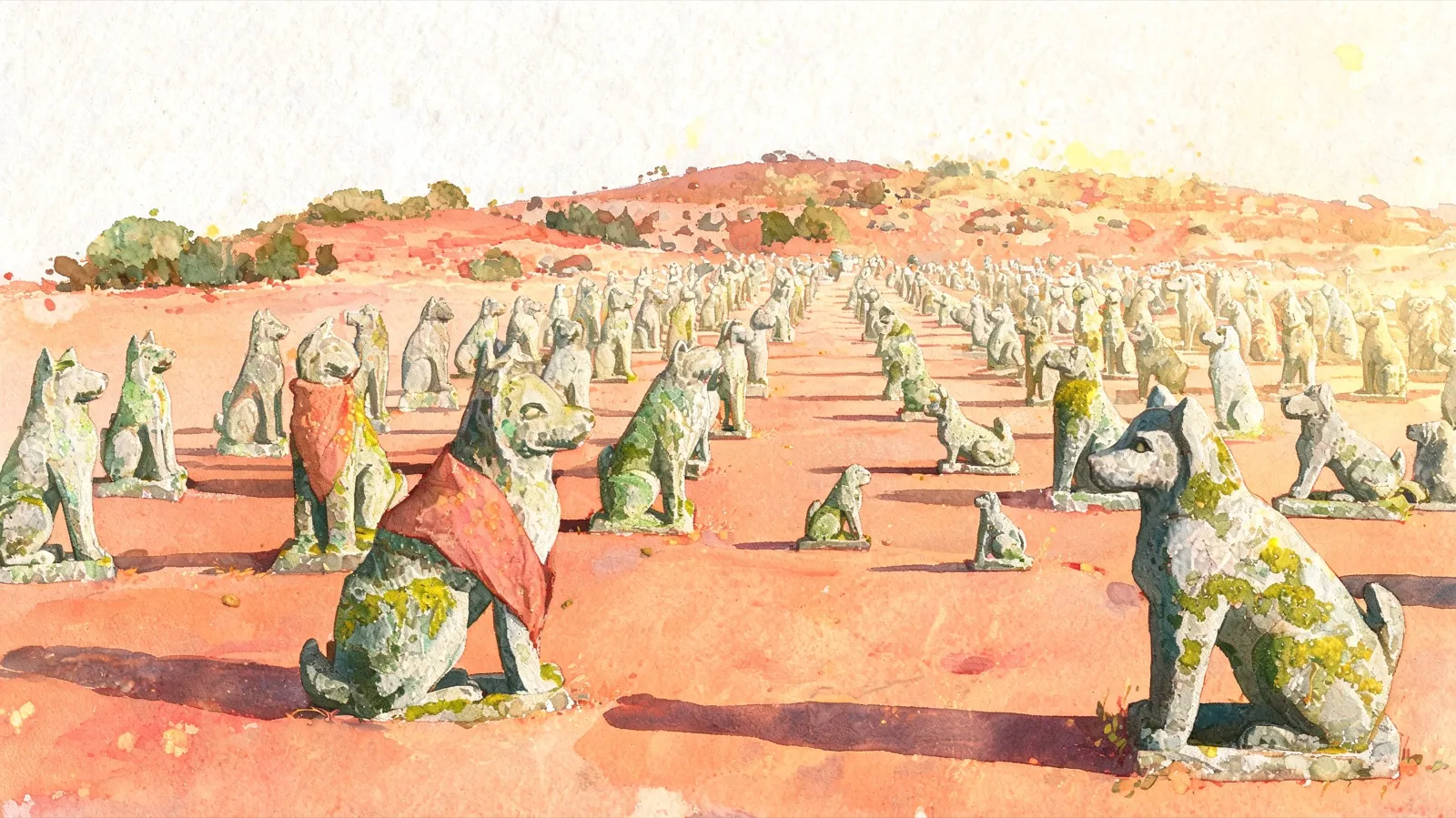 Scores of granite stone dogs of different sizes and ages stand in rows across open red earth, weathered and blotched with lichen, one or two draped in faded red cloth, their shadows long in low sun.