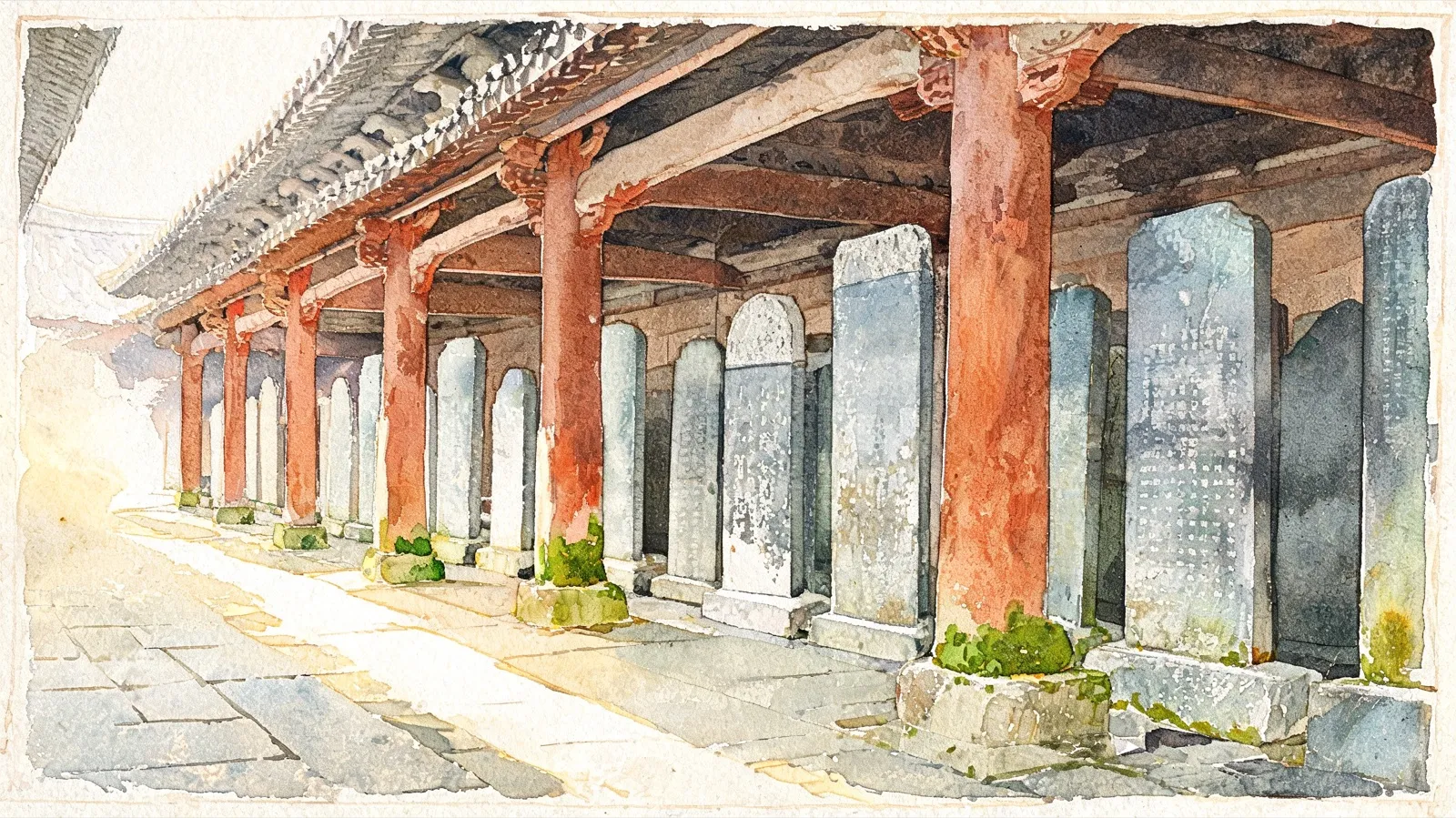A shaded stele corridor in an old shrine hall: a row of weathered grey stone tablets standing between red timber columns, their inscriptions worn past reading, morning light falling in bars across the flagstones.