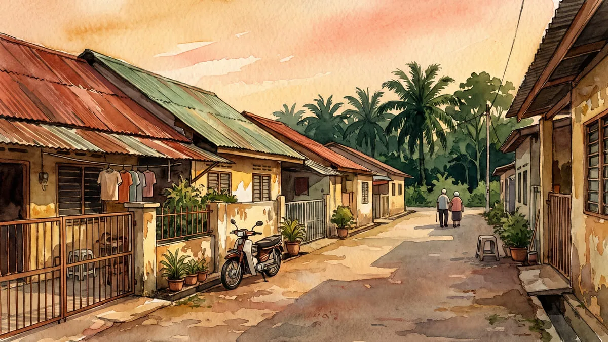 A quiet new-village lane at dusk: rusted zinc roofs, a motorcycle by a gate, and two elderly figures walking away down the road.