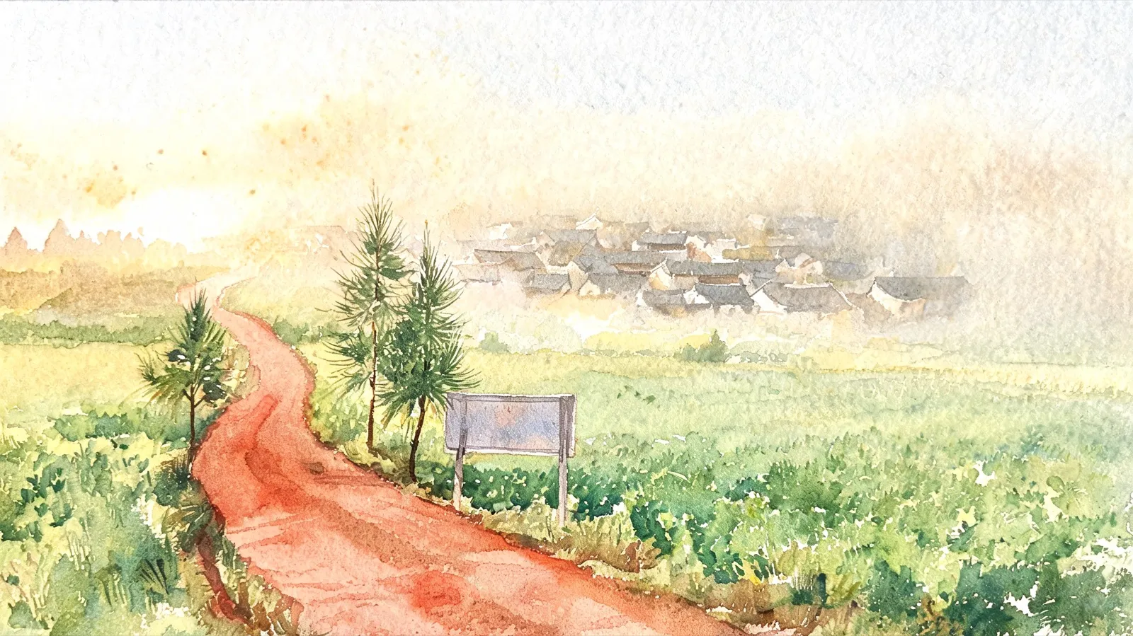 一条赭红土路蜿蜒穿过绿色田野，通向远处灰瓦村落；路旁立着一块字迹漫漶的旧路牌，几株木麻黄幼树列在路边，晨霭未散。