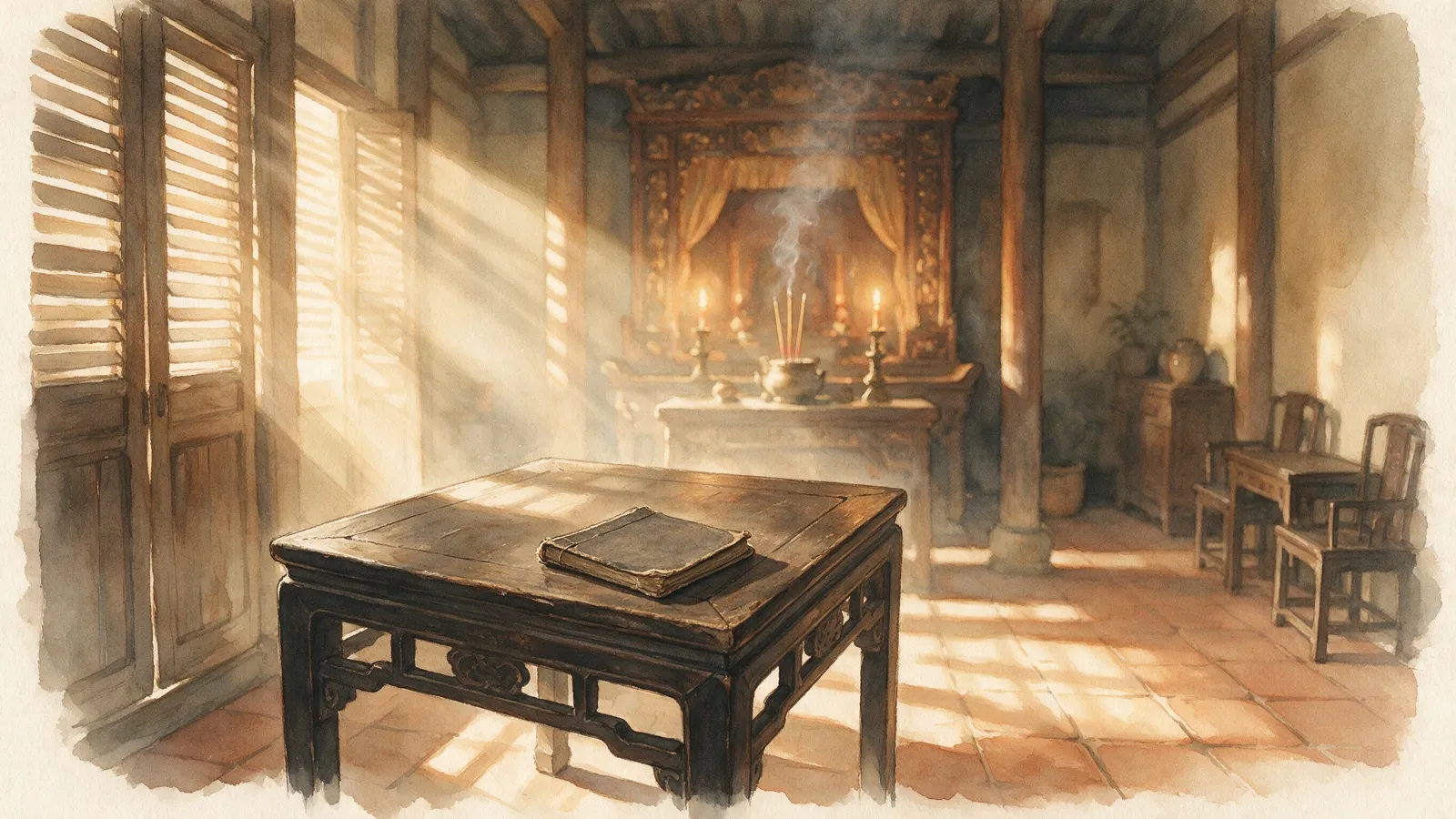 A carved eight-immortals table stands before a lit clan-house altar, the two set in one room.