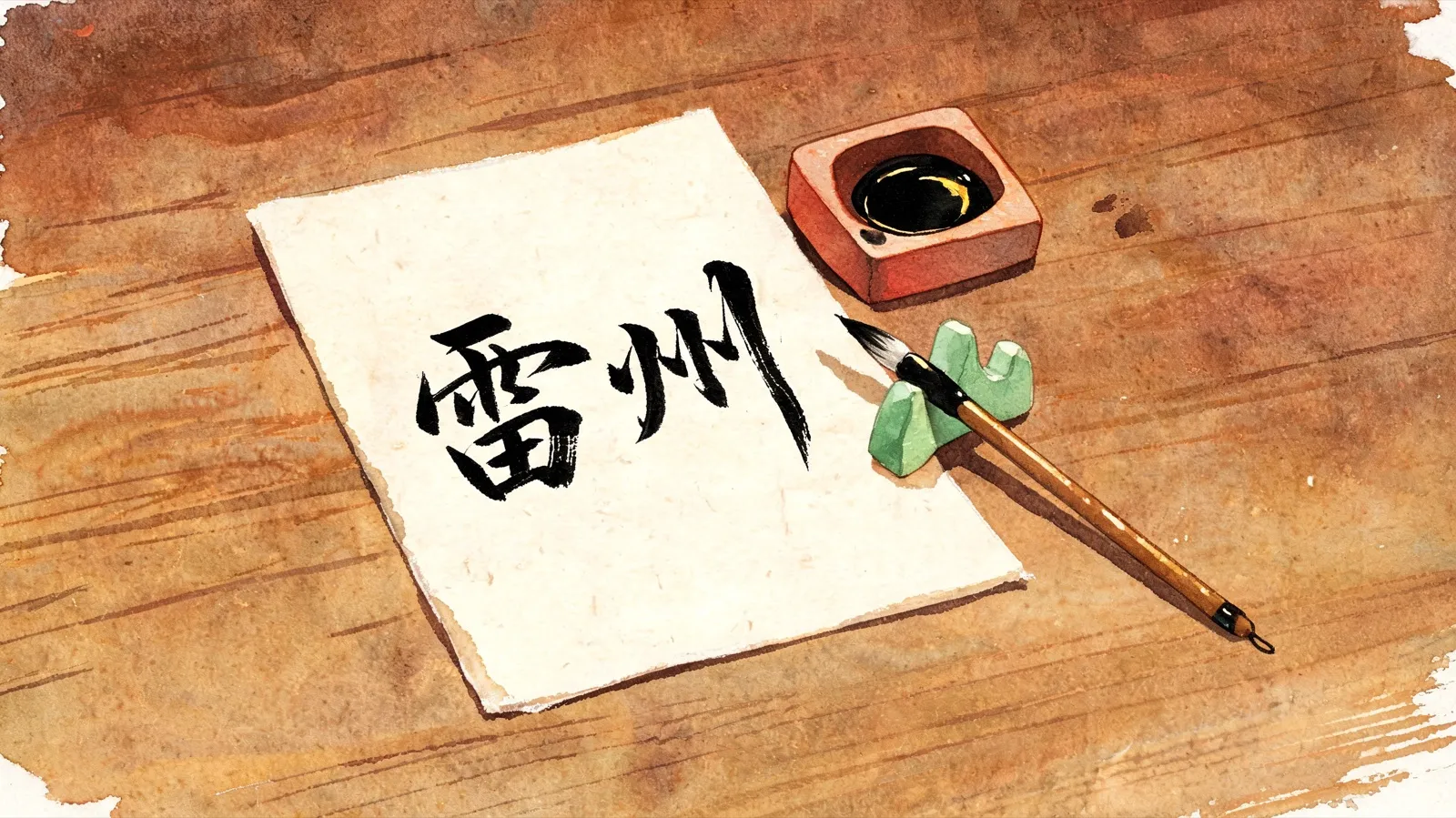 手工纸上以浓墨大字写着「雷州」二字，墨迹未干；一旁的深色木桌上置有石砚、青玉笔架与一支竹管毛笔。
