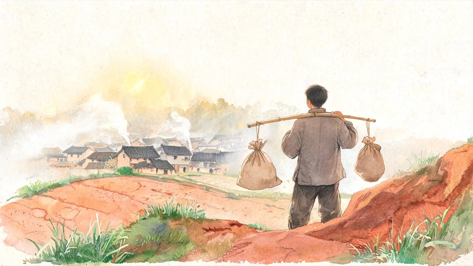 A young man in a coarse grey tunic pauses on a red-earth path above his village, a shoulder pole and two cloth bundles across his back, looking down at the tiled roofs and cooking smoke he is leaving.