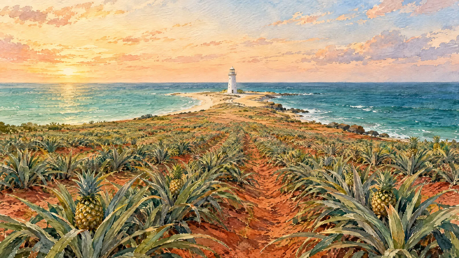 一行行菠萝长在红土上，越过低缓起伏的地面，一直伸到一个细长的沙岬；沙岬上立着一座白色灯塔，两边是海，头顶是开阔的晨空。