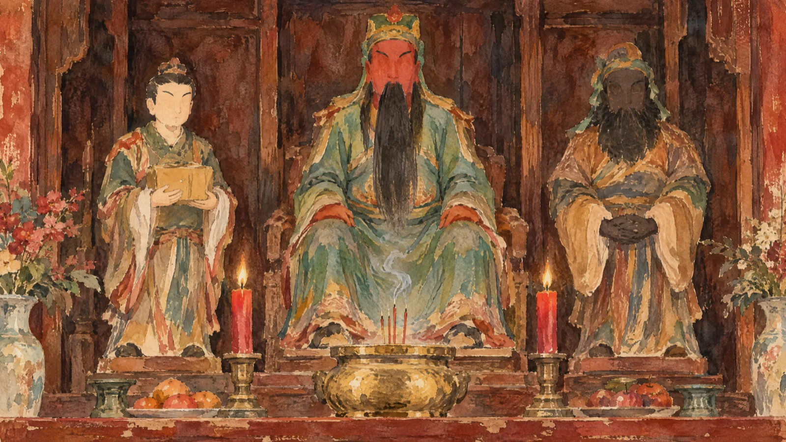 关帝端坐，红脸长须；他的儿子关平立在一侧，捧着一方用布包着的印；黑脸的周仓立在另一侧。