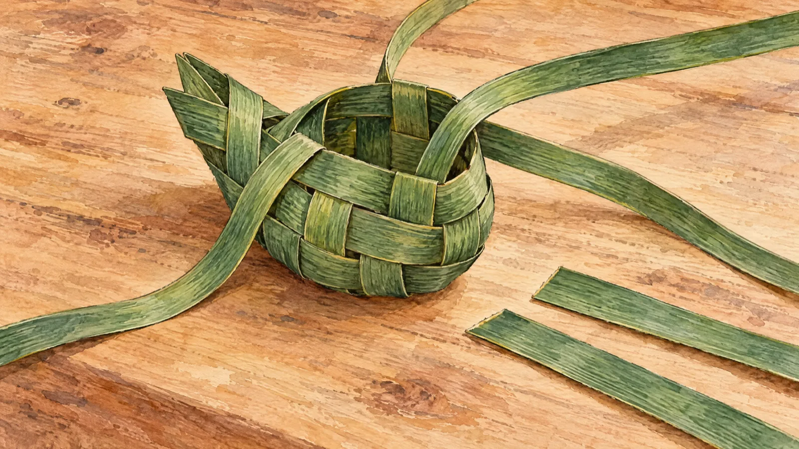 Long strips of screw-pine leaf woven over and under into the open body of a duck zongzi, the neck not yet made and the loose ends trailing across the table.
