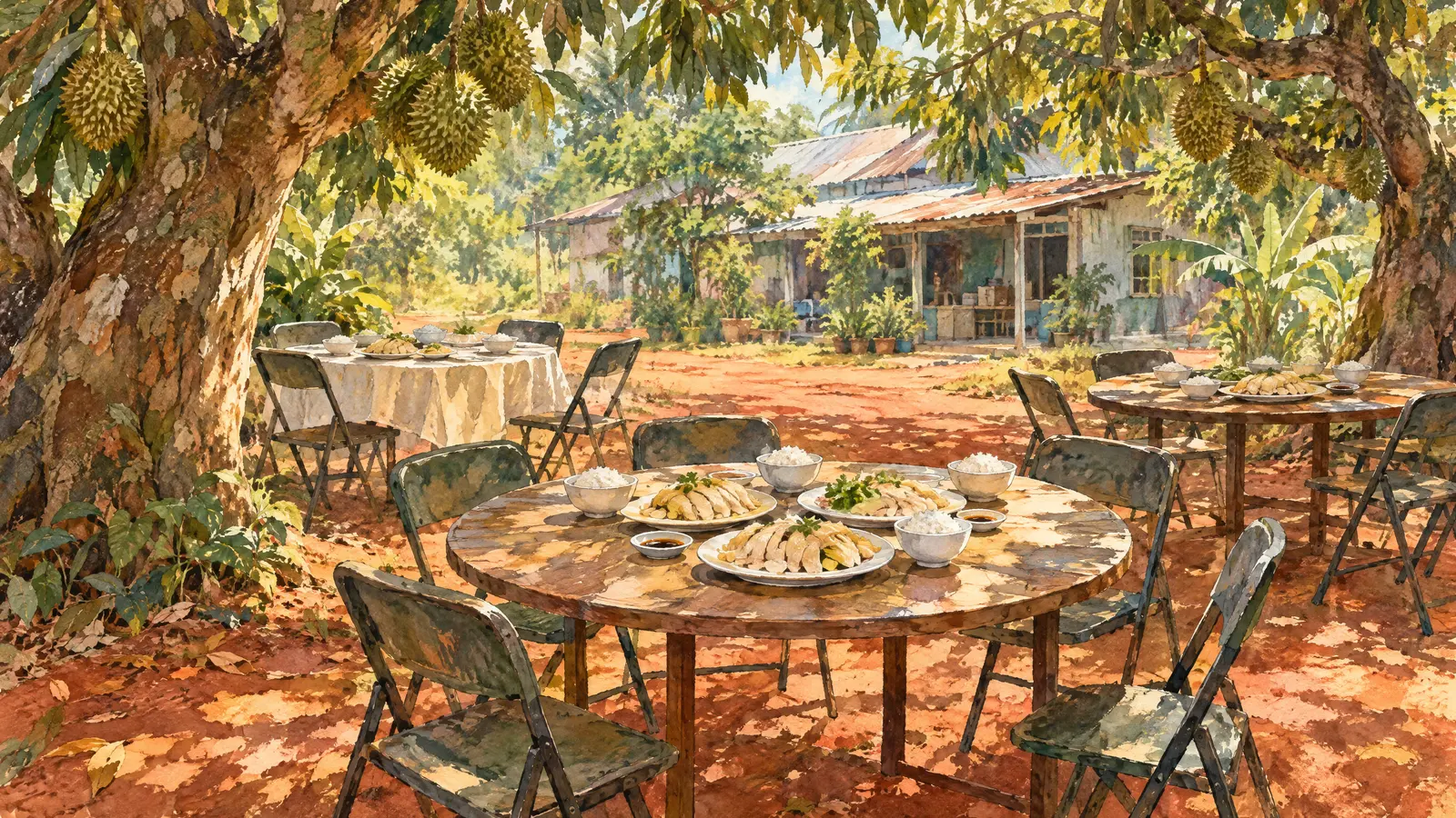 Round tables set out on red earth under durian trees at the edge of a village, plates of white-cut chicken waiting for guests.