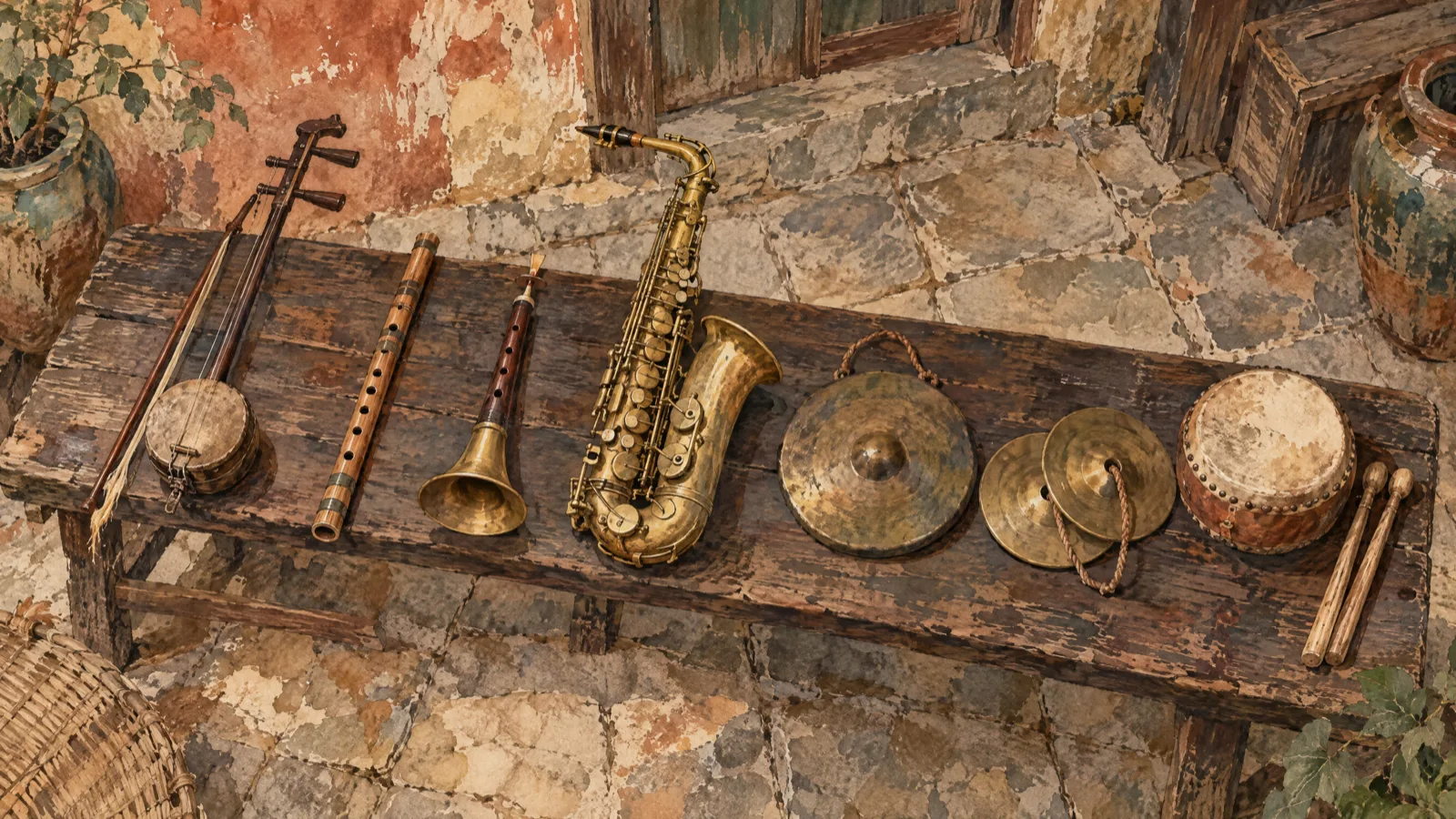 A worn fiddle and bow, a bamboo flute, a suona, a brass saxophone, a gong, cymbals and a drum laid side by side on a wooden bench, the band of a Leizhou opera.