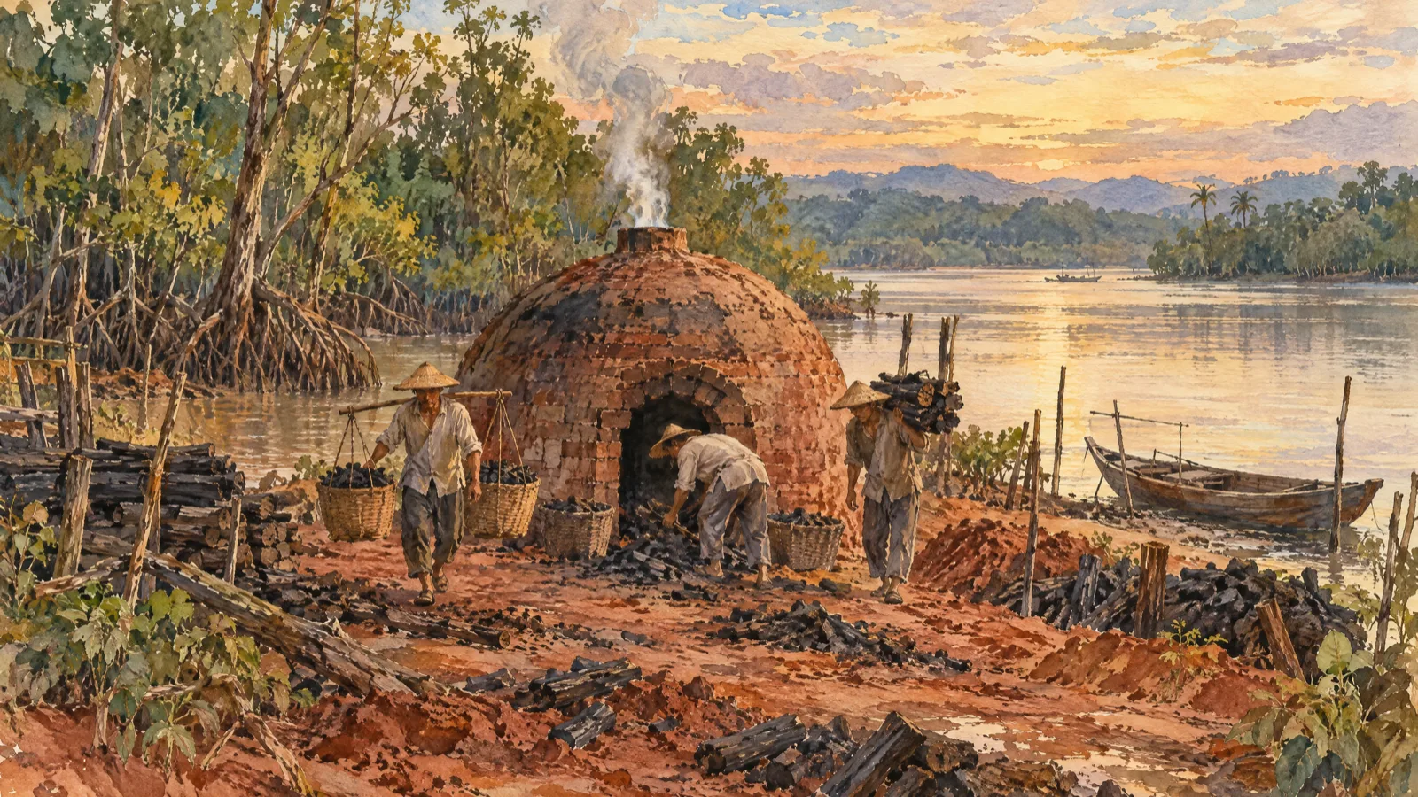 Lui Chew workers carrying charcoal from a domed brick kiln on the river's edge outside Kuching, the main way the town's few Lui Chew earned their living before they founded their association in 1941.