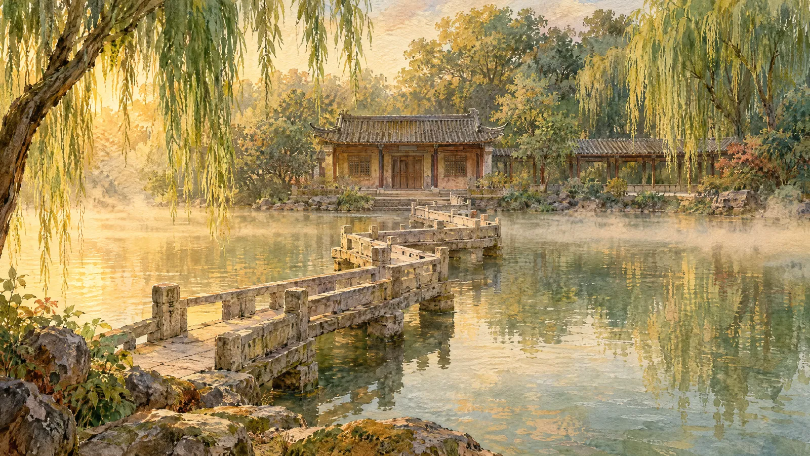 A small calm lake with willows on its banks and a low zigzag stone bridge leading across to a modest tiled shrine on the far side, in morning haze.