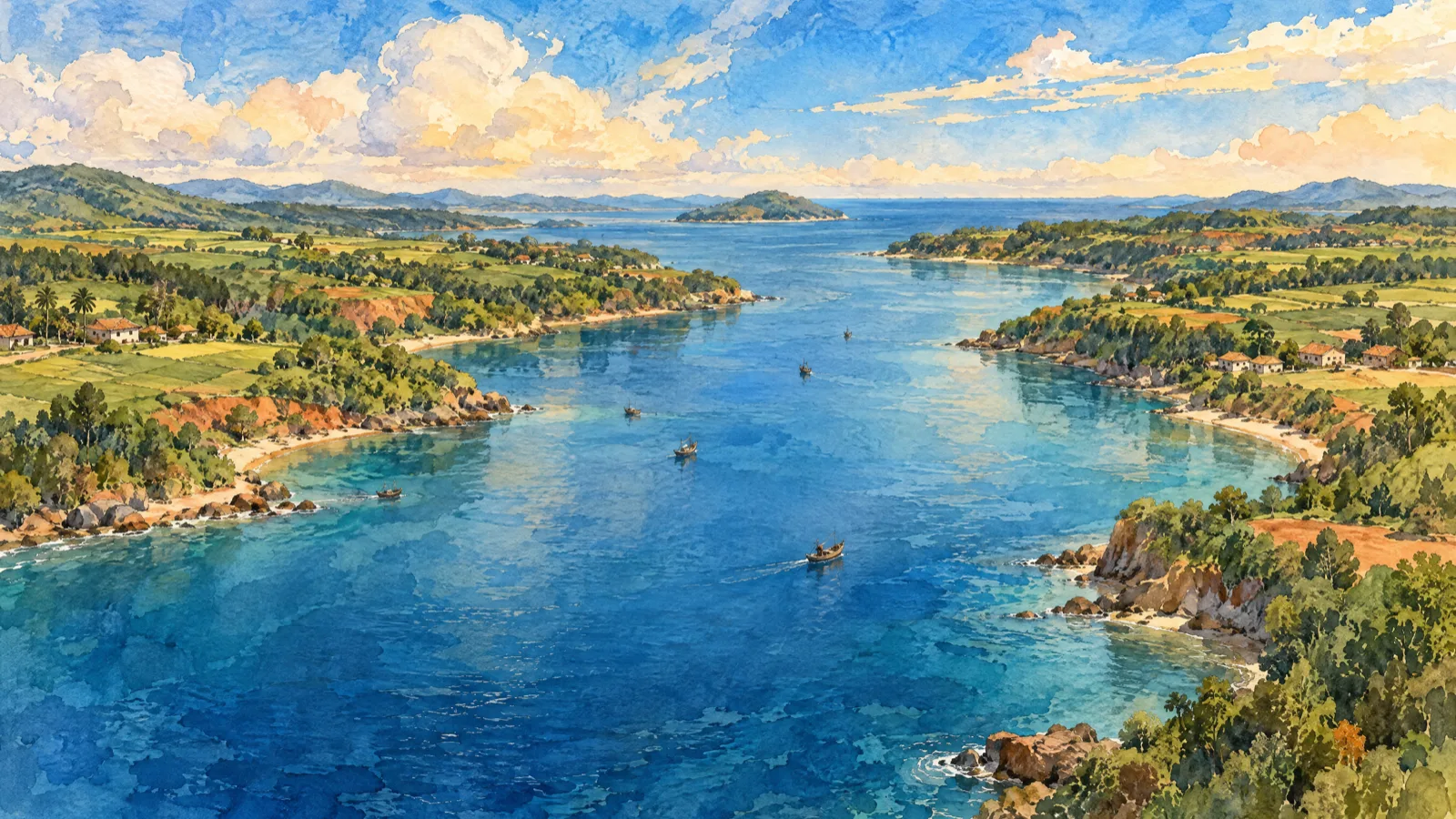 一道长而平静的深蓝色海湾，夹在低矮的绿色岸边，窄得像一条河，水上有几艘小船，正是湛江这个名字所描写的那种海湾。